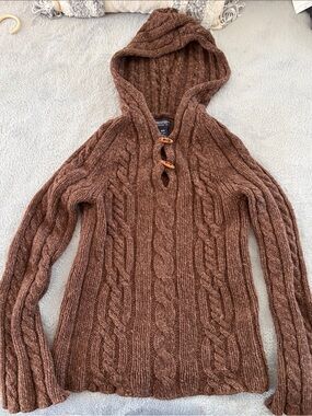 American Eagle Outfitters Y2K Brown Cable Knit Hooded Sweater 100% Lambs Wool